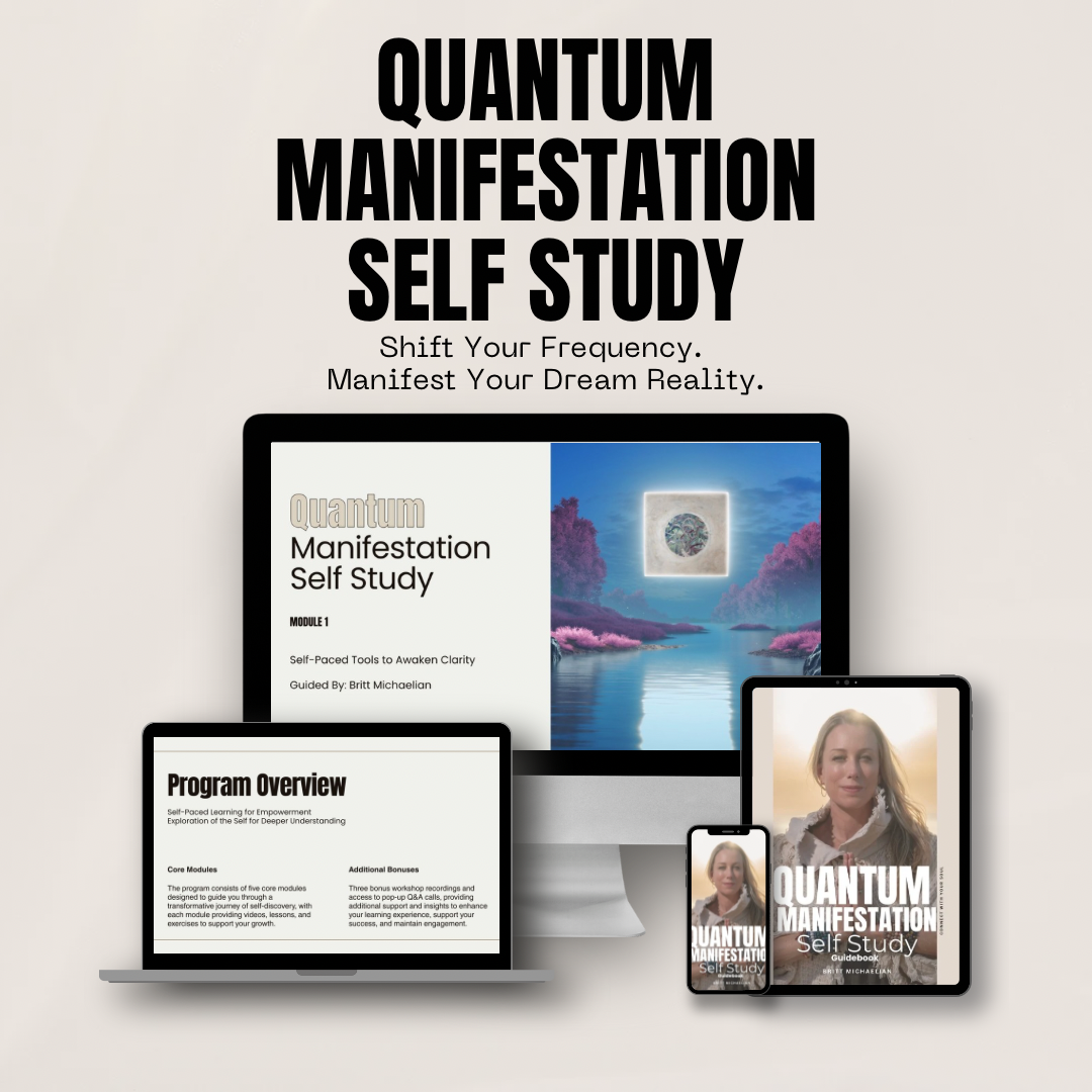 Computer monitor, tablet screens, and iPhones with graphics of the Quantum Manifestation Self Study Program with Audio and Video and Guidebook
