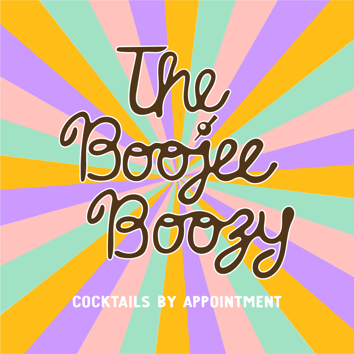 Colorful festival poster with a background of radiating pastel-colored stripes and the text 'The Boogie Boy' in playful cursive font, with a small cocktail glass illustration, and the note 'Cocktails by appointment' at the bottom.