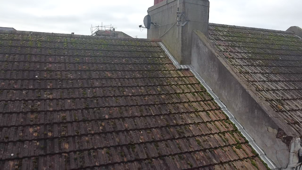 Tiled roof with moss, a chimney and a satellite dish