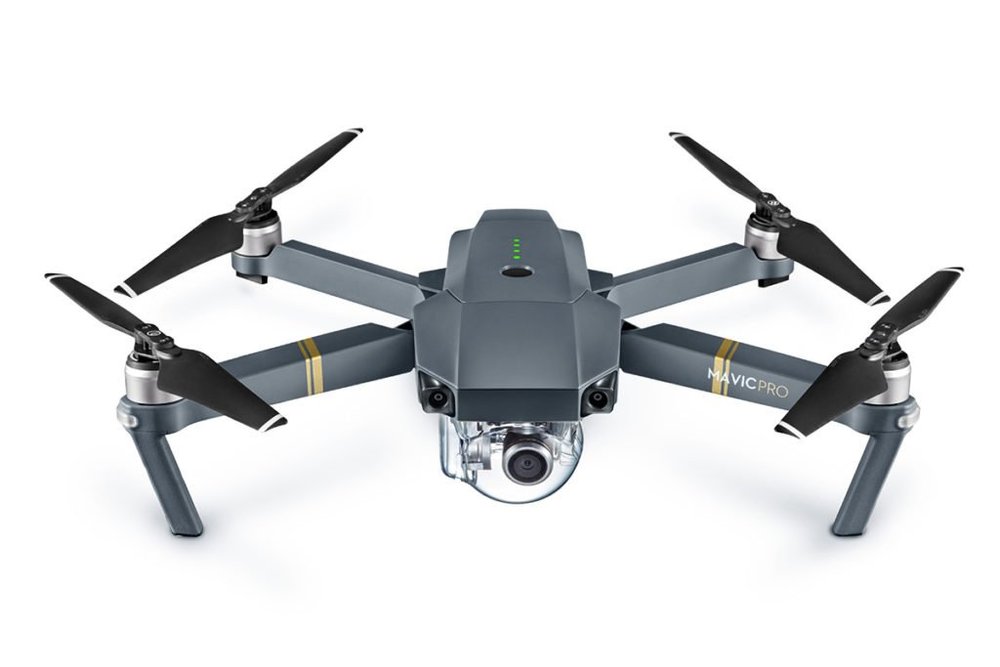 DJI drone with its camera and propellers visible