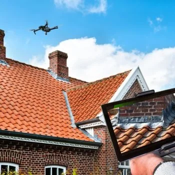 Illustration of a drone above a tiled roof with a tablet showing inspection imagery