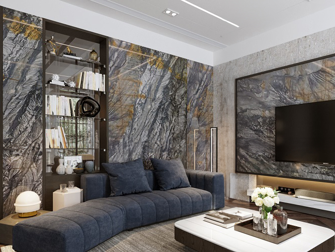 Modern living room with blue sofa, marble wall, TV, and bookshelf