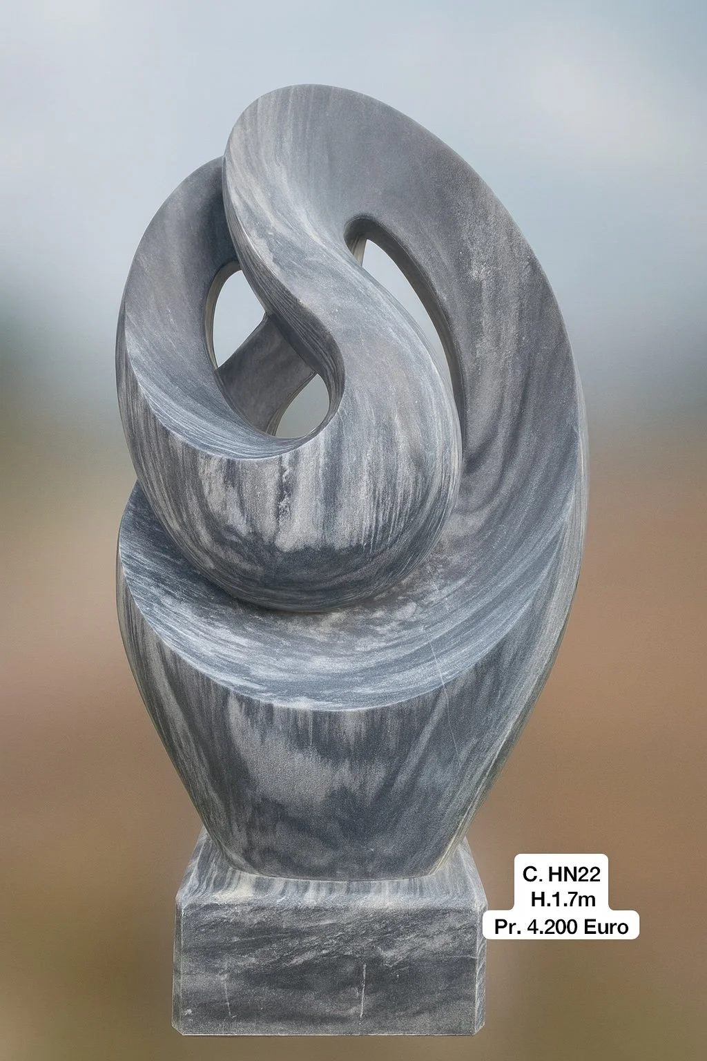 Abstract grey marble sculpture with swirling, curved shapes on a grey base, with a price of 4,200 Euros, height 1.7 meters, catalog number C. HN22.