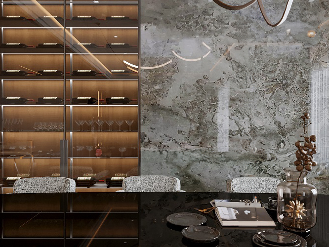 Modern dining room with glass wine cabinet and marble wall