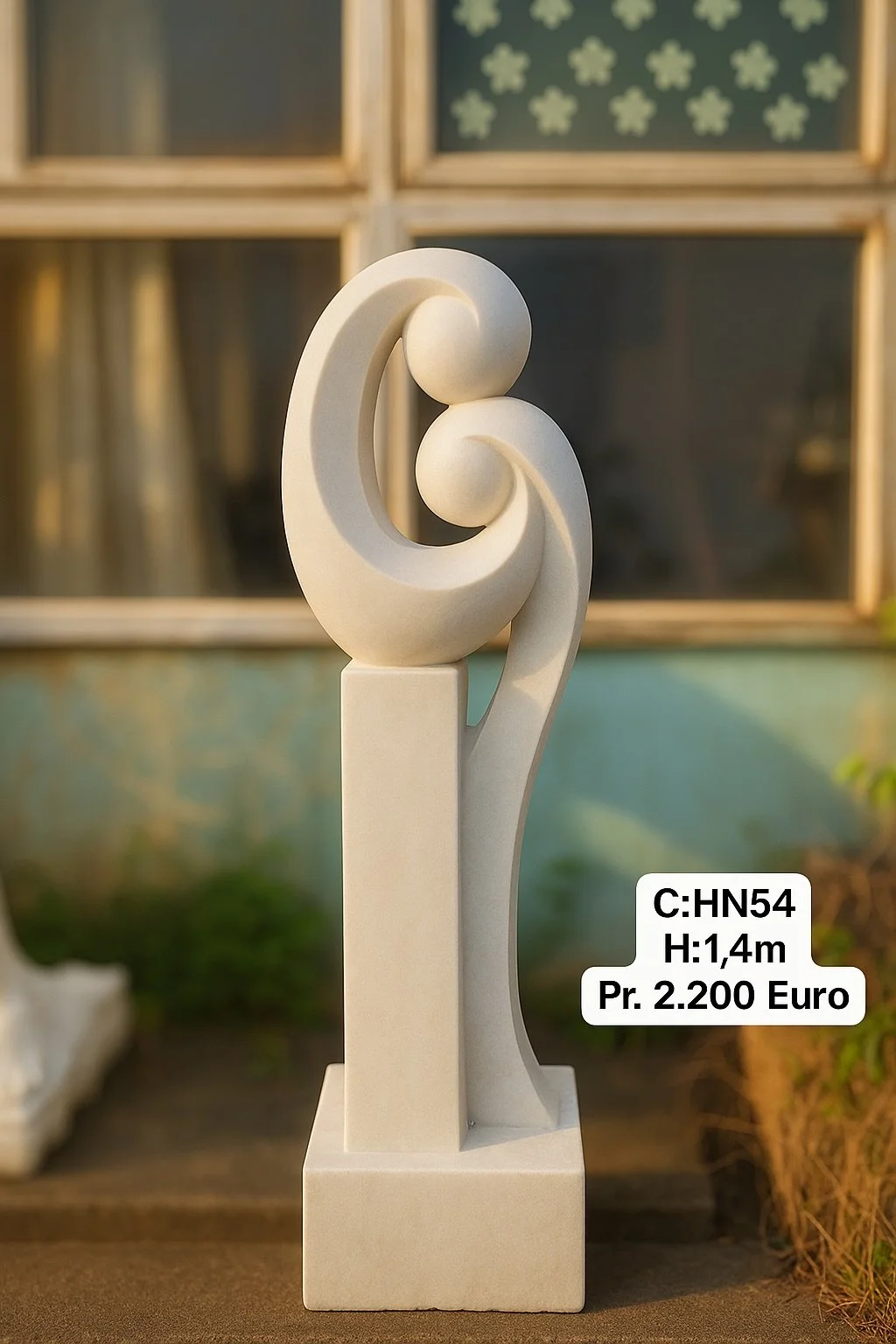 Cream-colored decorative sculpture with a modern swirled design, placed outdoors with a window and flowers in the background. Contains product details: Code: HN54, height: 1.4 meters, price: 2,200 Euros.