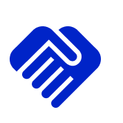 Blue stylized handshake icon on a white background