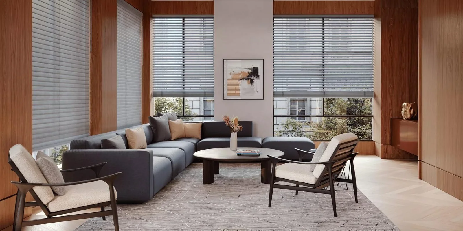 Hunter Douglas Aria Soft Blinds in a family room