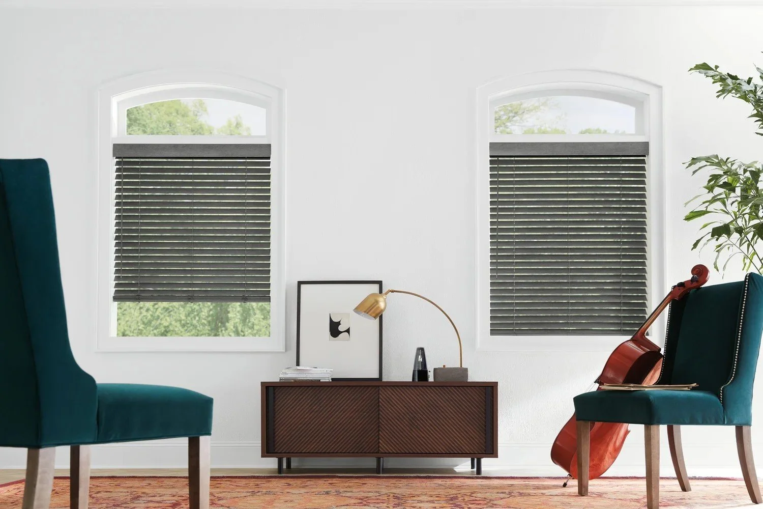 Living room with Hunter Douglas wood blinds