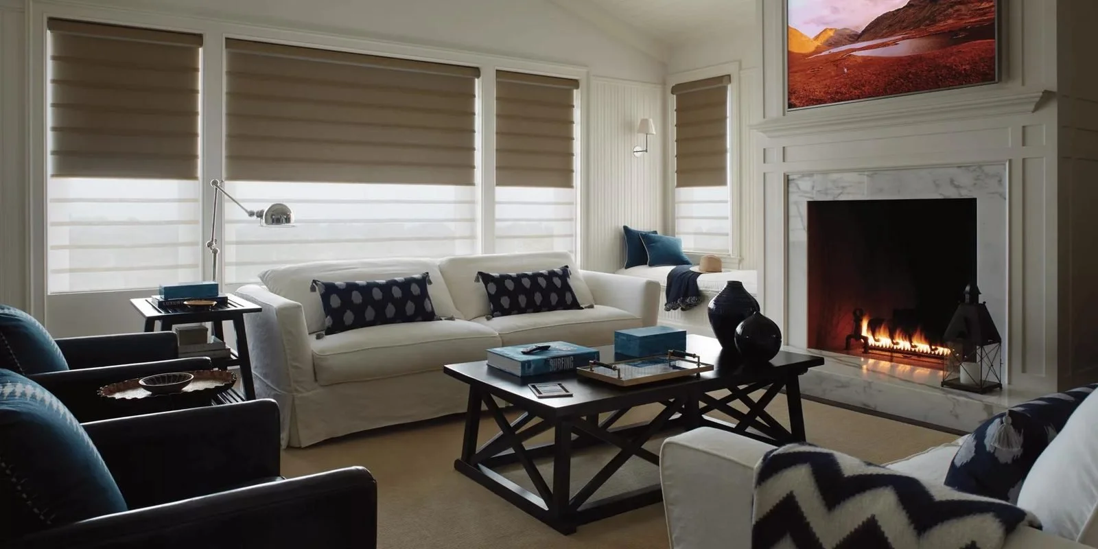 Hunter Douglas Vignette Modern Roman Shades in a family room