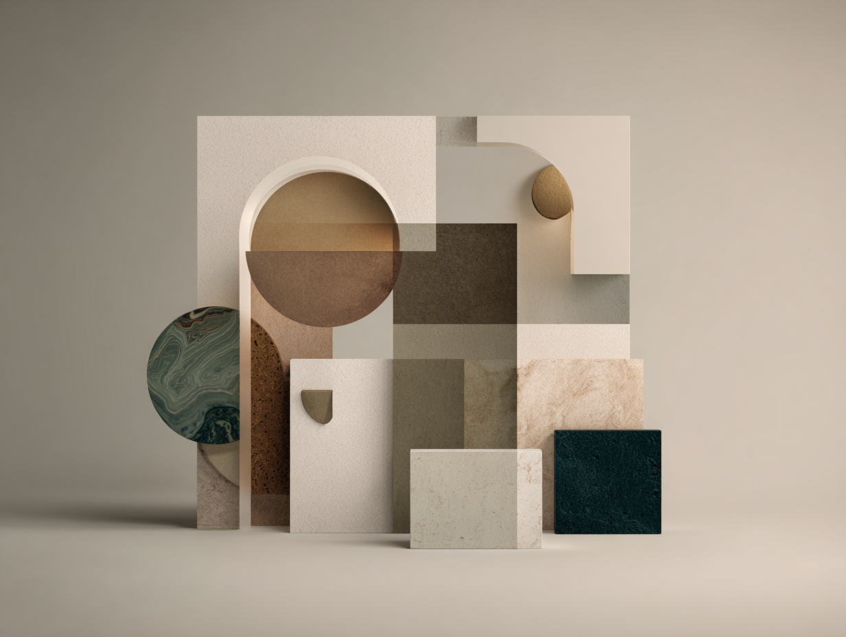 Arrangement of various geometric shapes and textured material samples in neutral tones on a light background.