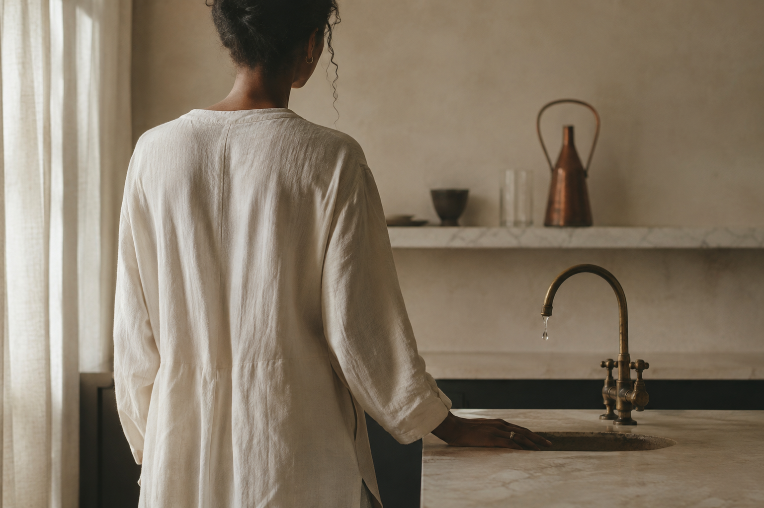 Woman standing in front of a bronze dripping sink in a rustic-looking kitchen, wearing all