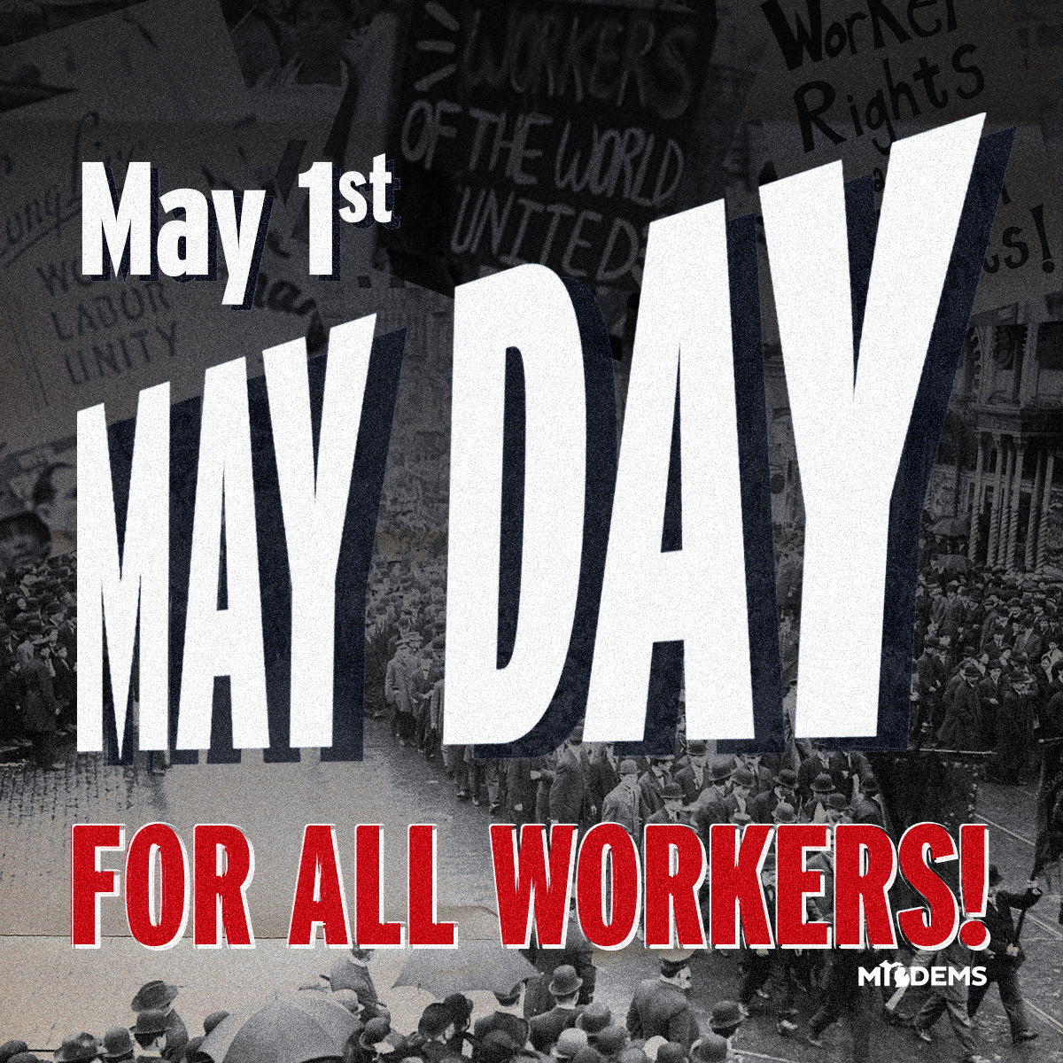 Social media graphic celebrating May Day. General Strike 2028. UAW President Shawn Fain. Workers Rights. Labor Movement. Power to the people. Sarah DeMercurio is a creative director graphic designer focused on progressive issues and is based in Metro