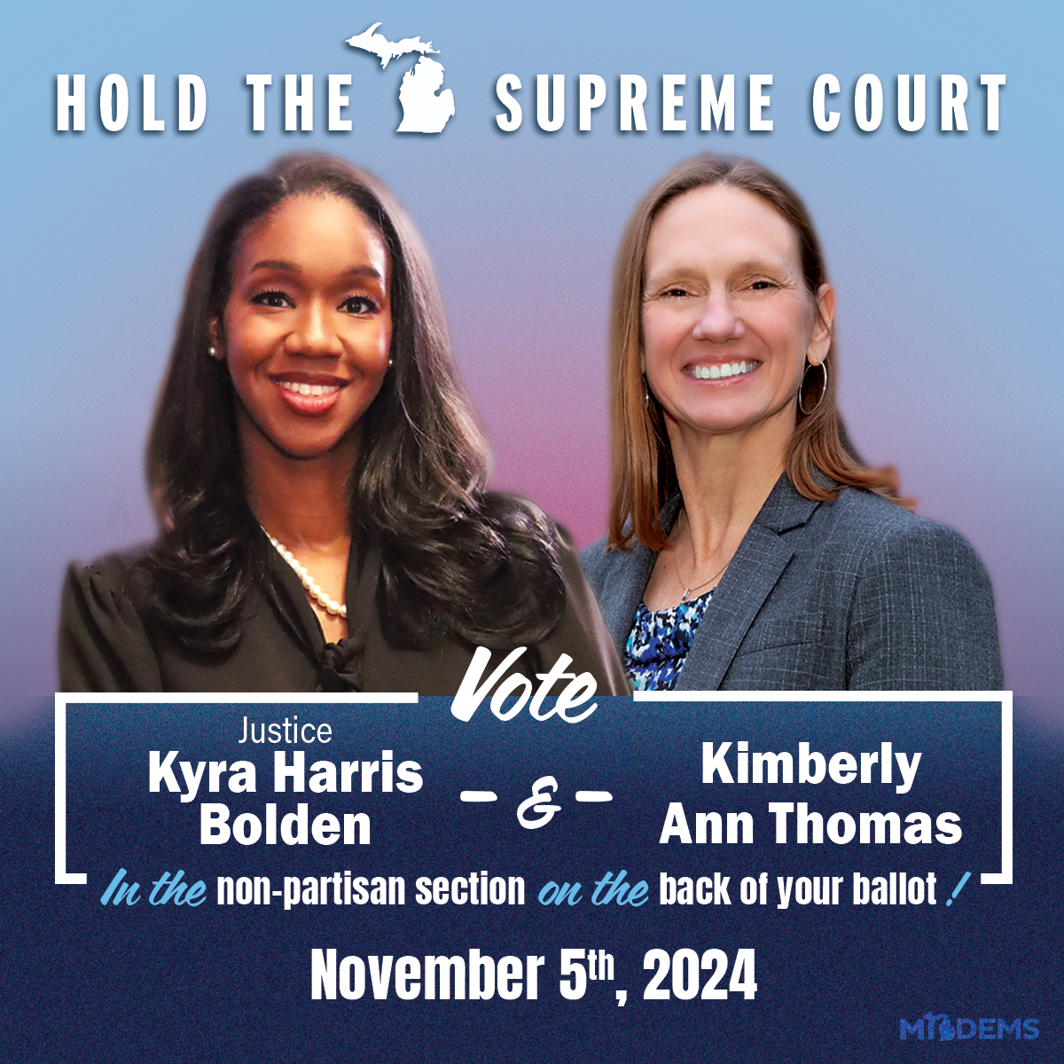 Social media graphics for the Michigan Supreme Court for Kyra Harris Bolden and Kimberly Ann Thomas. Election 2024. Sarah DeMercurio is a creative director graphic designer focused on progressive issues and is based in Metro Detroit, Michigan.