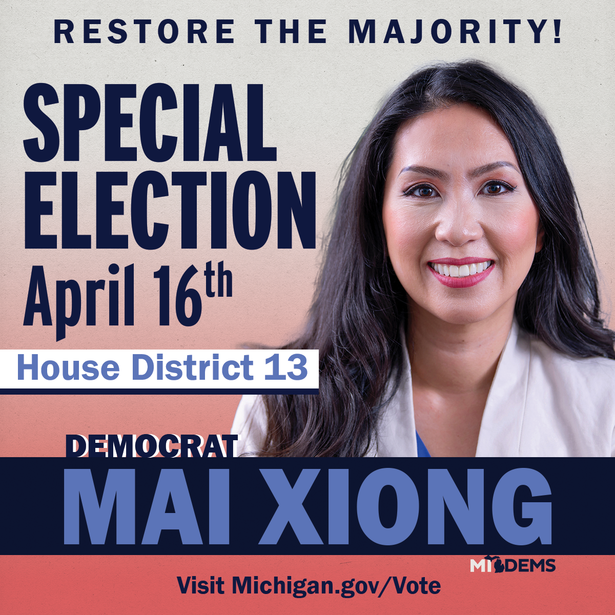 Social media graphics for the Michigan House Special Primary. Sarah DeMercurio is a creative director focused on progressive issues and is based in Metro Detroit, Michigan.