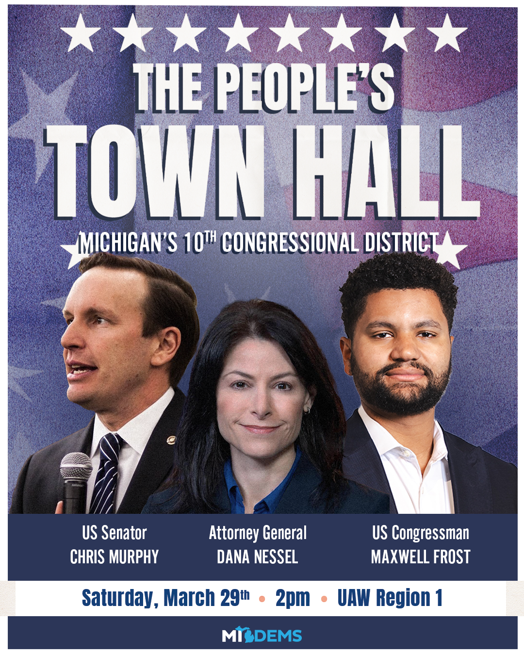 Poster for the People's Town Hall in Michigan's Congressional District 10 featuring US Senator Chris Murphey and Congressman Maxwell Frost