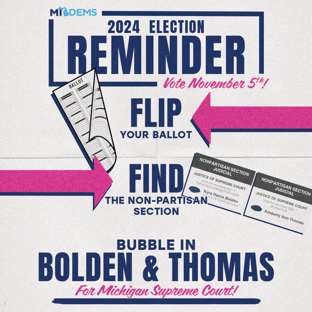 Social media graphics for the Michigan Supreme Court for Kyra Harris Bolden and Kimberly Ann Thomas. Election 2024. Sarah DeMercurio is a creative director graphic designer focused on progressive issues and is based in Metro Detroit, Michigan.