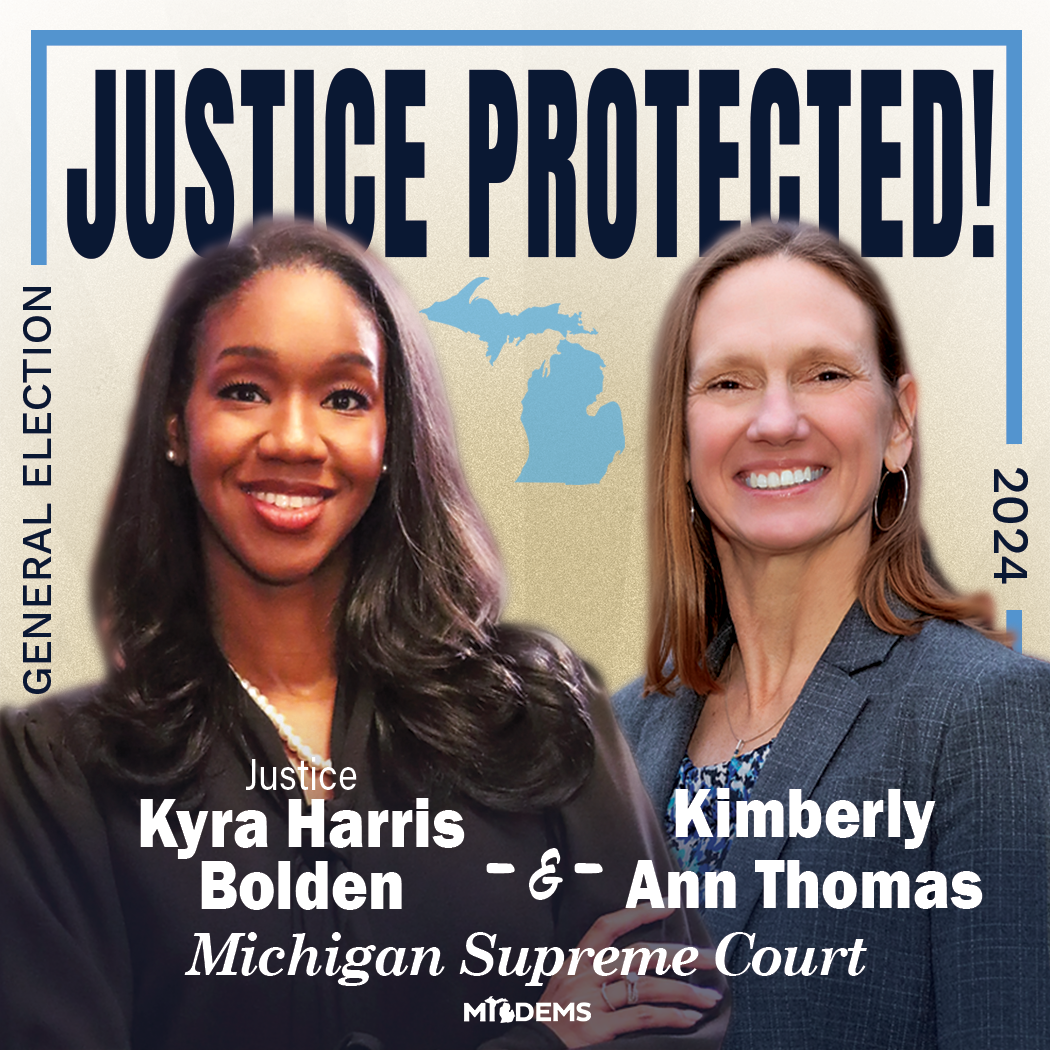Social media graphics for the Michigan Supreme Court for Kyra Harris Bolden and Kimberly Ann Thomas. Election 2024. Sarah DeMercurio is a creative director graphic designer focused on progressive issues and is based in Metro Detroit, Michigan.