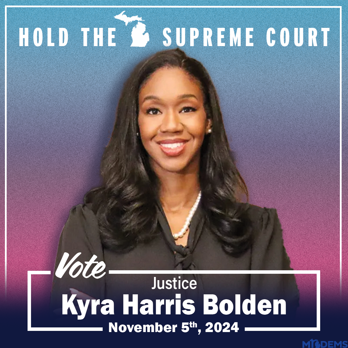Social media graphics for the Michigan Supreme Court for Kyra Harris Bolden and Kimberly Ann Thomas. Election 2024. Sarah DeMercurio is a creative director graphic designer focused on progressive issues and is based in Metro Detroit, Michigan.