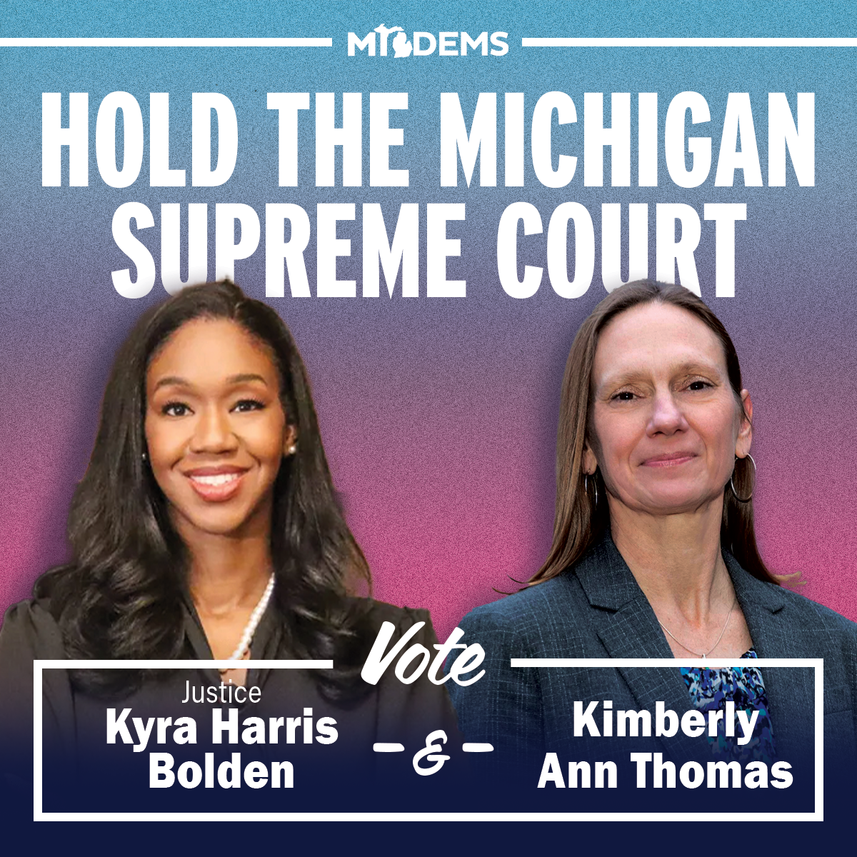 Social media graphics for the Michigan Supreme Court for Kyra Harris Bolden and Kimberly Ann Thomas. Election 2024. Sarah DeMercurio is a creative director graphic designer focused on progressive issues and is based in Metro Detroit, Michigan.