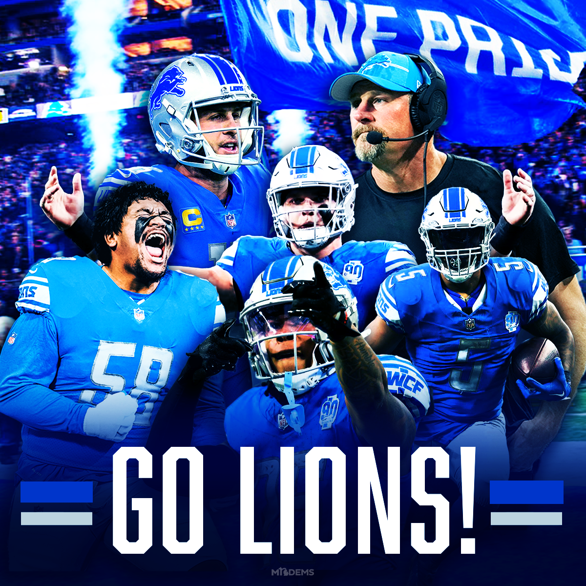 Social media graphic celebrating the Detroit Lions incredible Season. One Pride. Dan Campbell. Aiden Hutchinson Sarah DeMercurio is a creative director graphic designer focused on progressive issues and is based in Metro Detroit, Michigan.