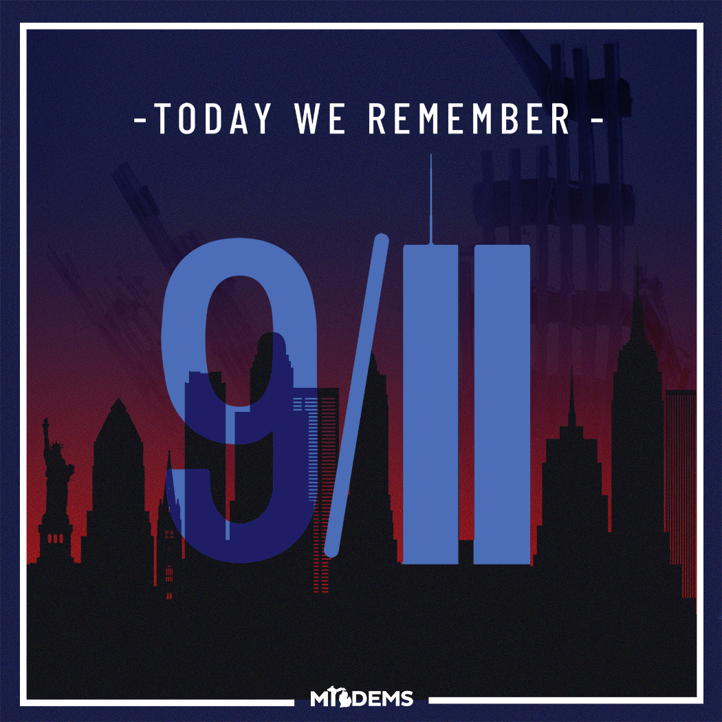 Social media graphic for September 11 anniversary. We will never forget. Sarah DeMercurio is a creative director graphic designer focused on progressive issues and is based in Metro Detroit, Michigan.