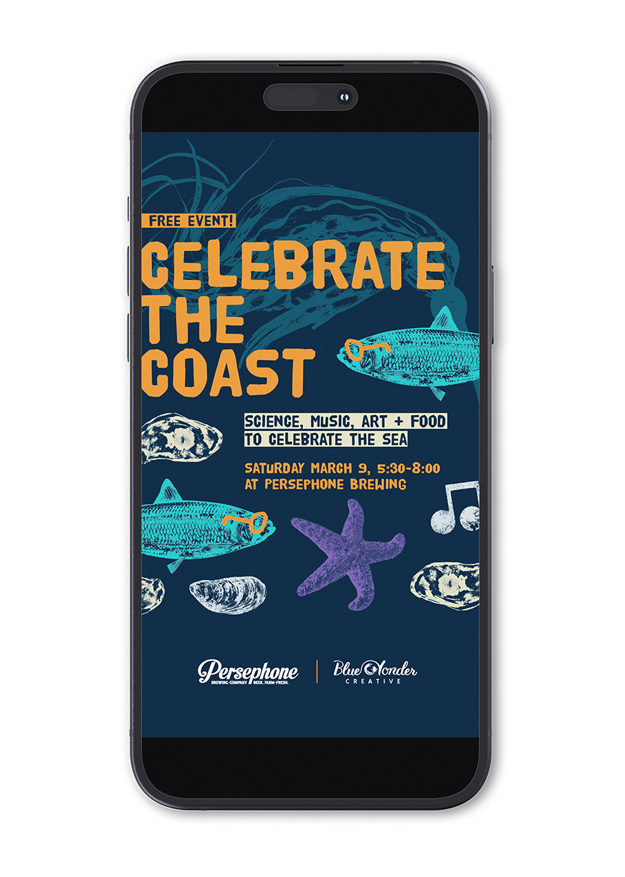 Celebrate the Coast headline and illustrations displayed as a social media graphic on a phone
