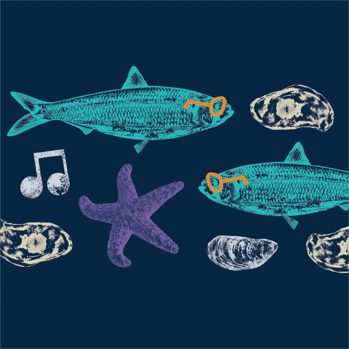 Close-up feature of of the poster illustrations: teal blue herring, purple starfish, grey mussels and music notes, and cream oysters