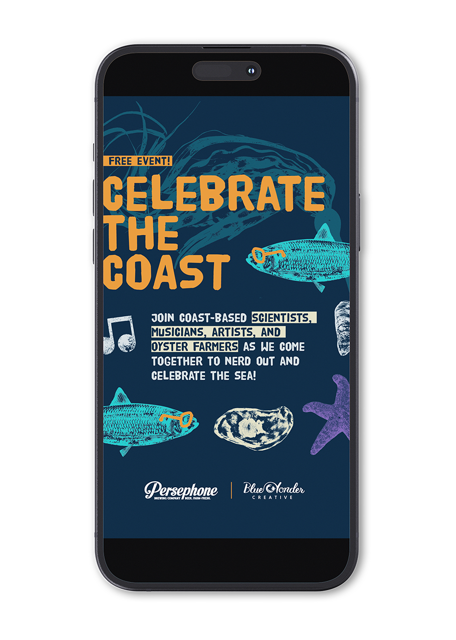 Celebrate the Coast headline, alternate key information, and illustrations displayed as a social media graphic on a phone