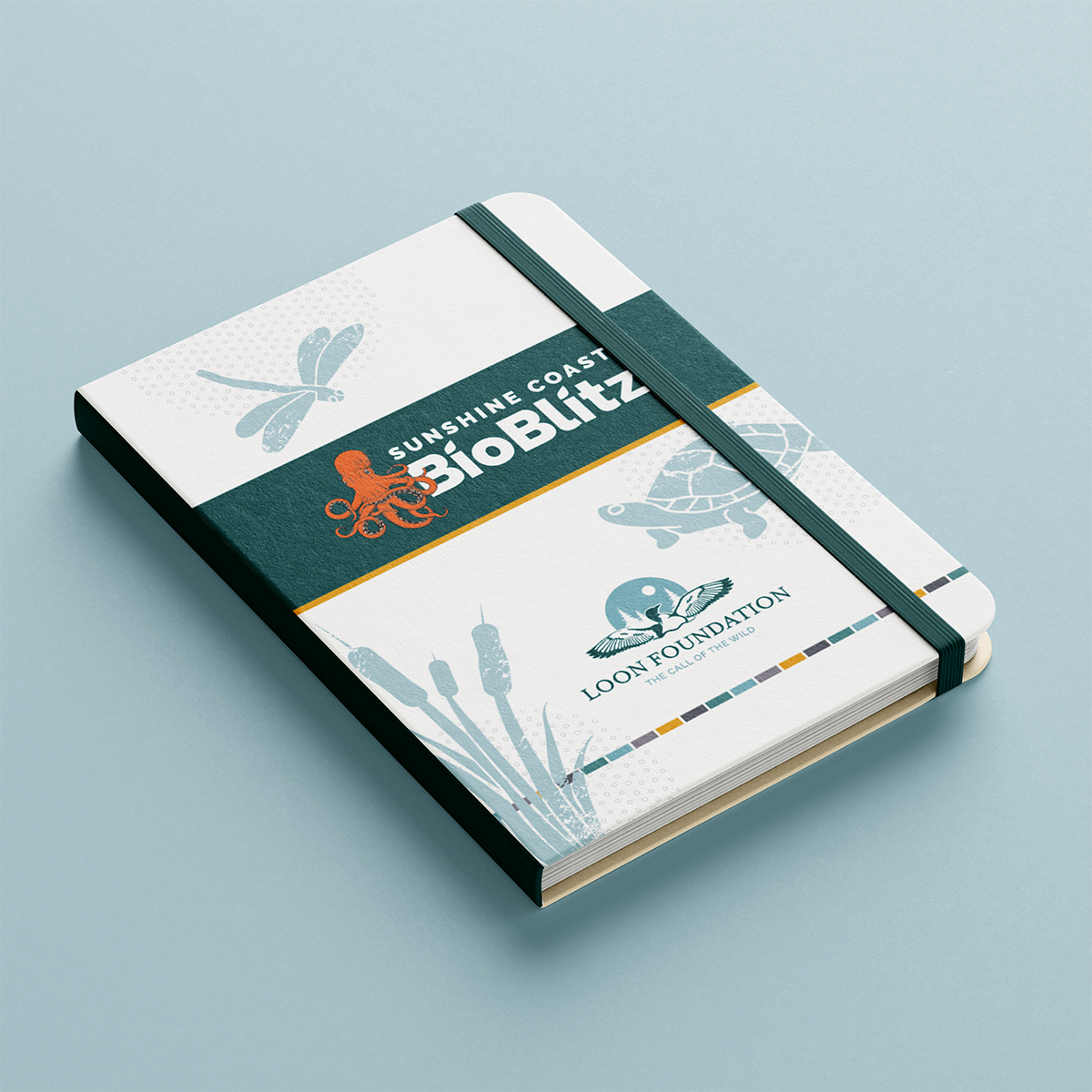 BioBlitz notebook, with the event logo and orange octopus, and teal illustrations of a dragonfly, turtle, and cattail