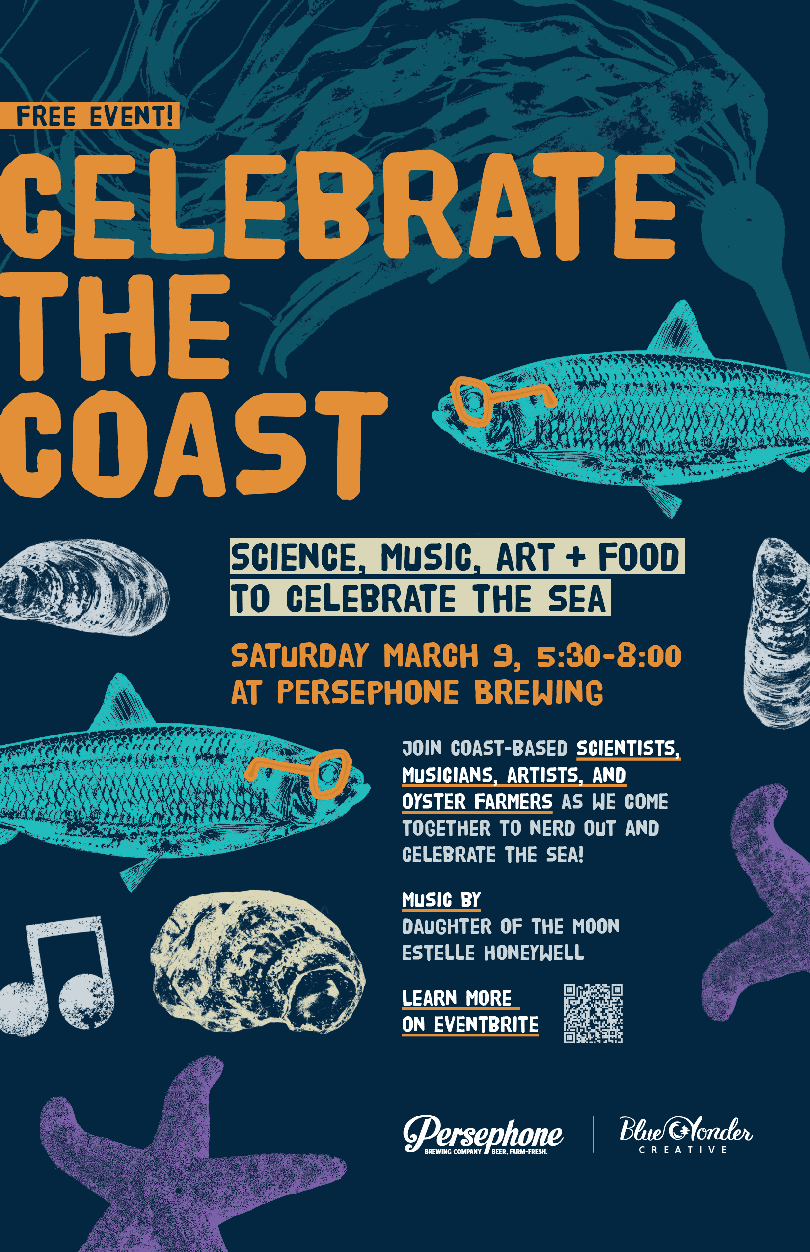 o	An illustrated Celebrate the Coast poster, featuring a bold orange event headline on a navy blue background. Distressed illustrations of herring, mussels, oysters, starfish and music notes are scattered throughout.