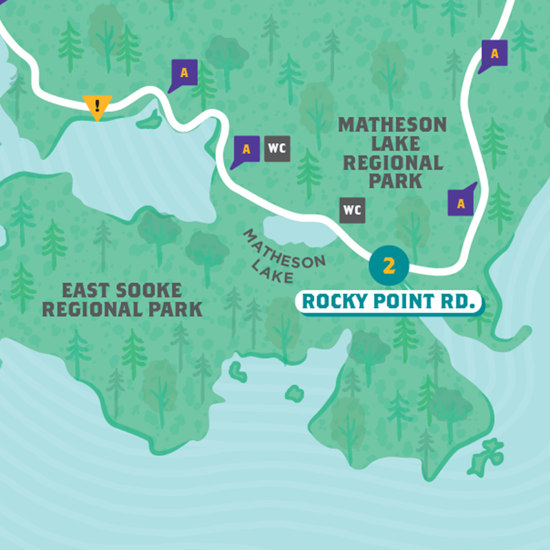 Sample map highlighting a section of the Galloping Goose trail, along with access points and amenities.