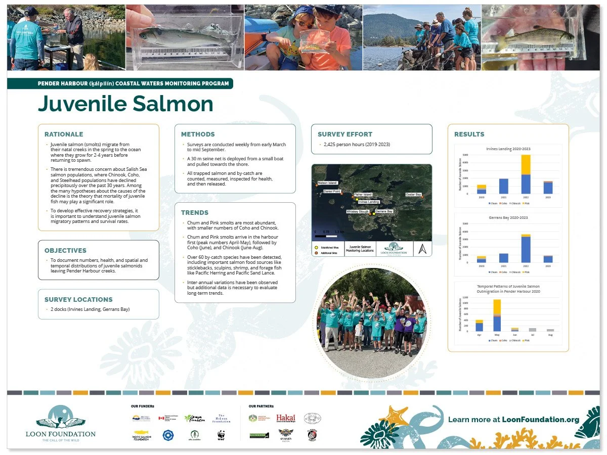 A rectangular symposium sign about juvenile salmon, featuring monitoring and species photos along the top, research content in the middle, and sponsors and branded marine life illustrations along the bottom.