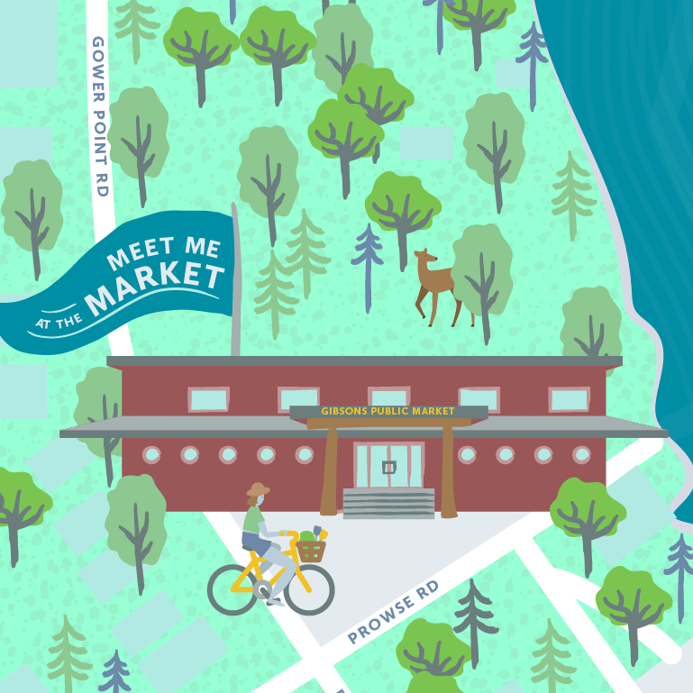 Sample illustration, featuring an illustrated public market in a treed neighbourhood with a bicyclist