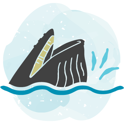 Lunge feeding icon, with a grey humpback whale’s open mouth lunging above the surface of the water. A blue watercolour blob is behind.