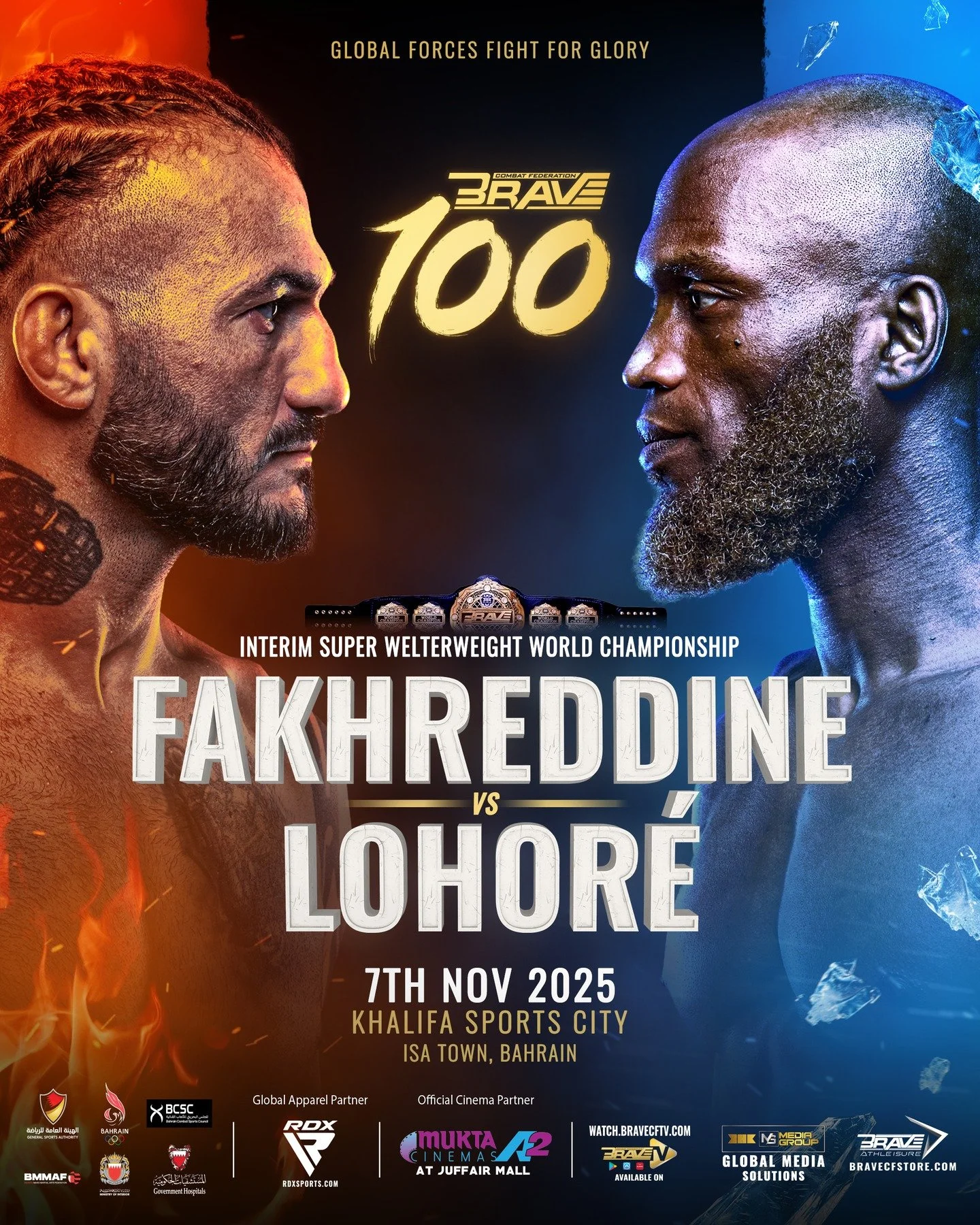 Great first fight announced for #BRAVE100 as Alex Lohor&eacute; takes on soon-to-be Hall of Famer Mohammad Fakhreddine for the @bravemmaf interim super welterweight world title in Bahrain on November 7.