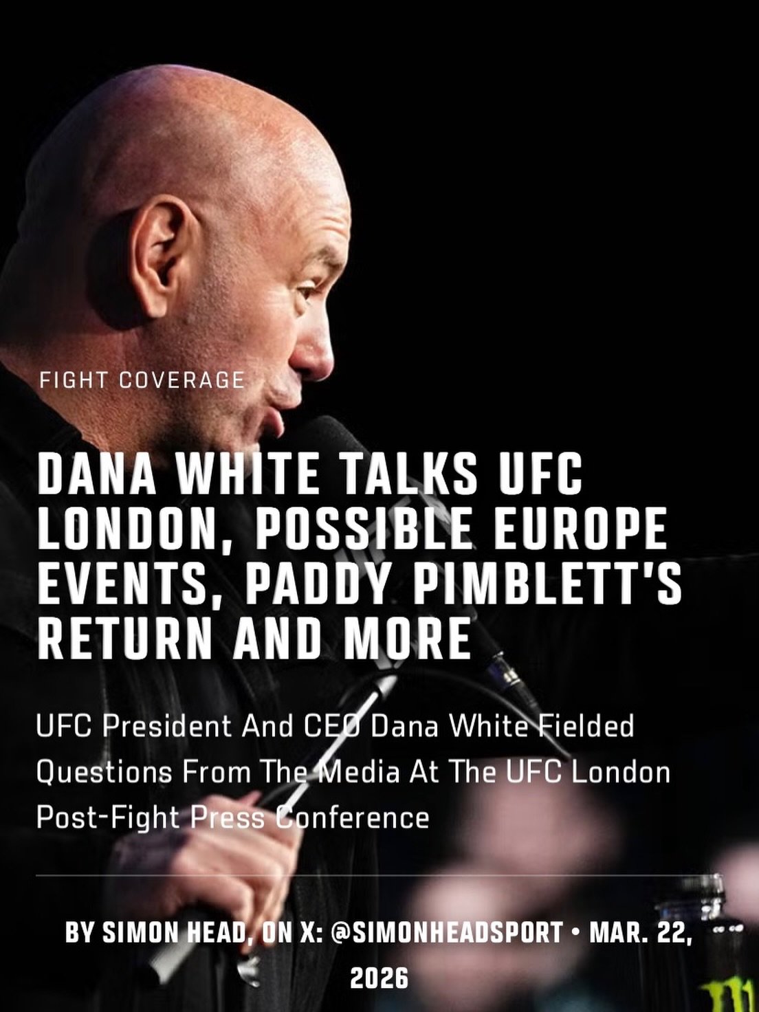 I recap Dana White's appearance at the #UFCLondon post-fight press conference, where the UFC President and CEO fielded questions from the media backstage at The O2 Arena. Check out my @UFCNews recap at UFC.com