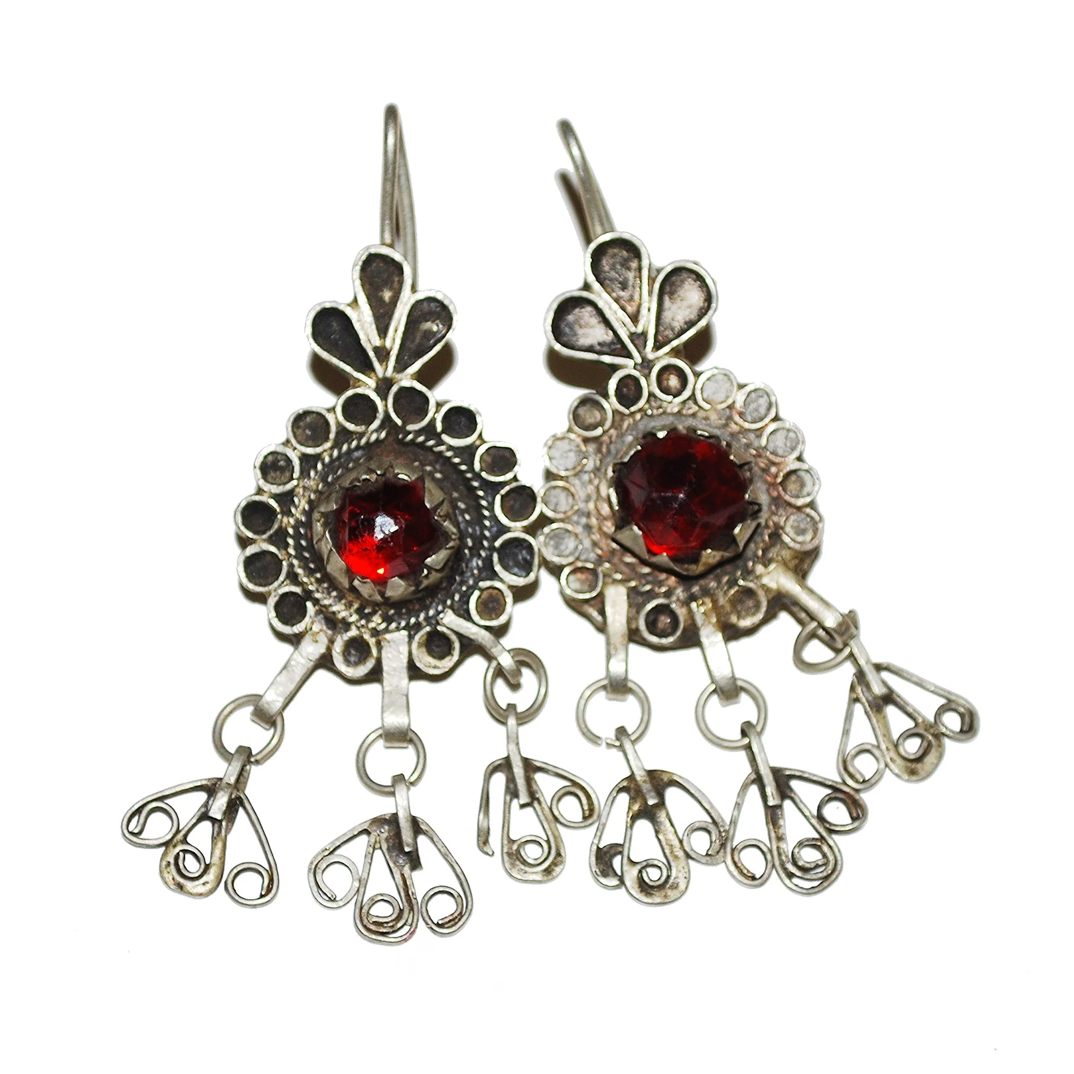Moroccan Vintage Earrings - Red Jewel and Dangle - Belly Dance Earrings