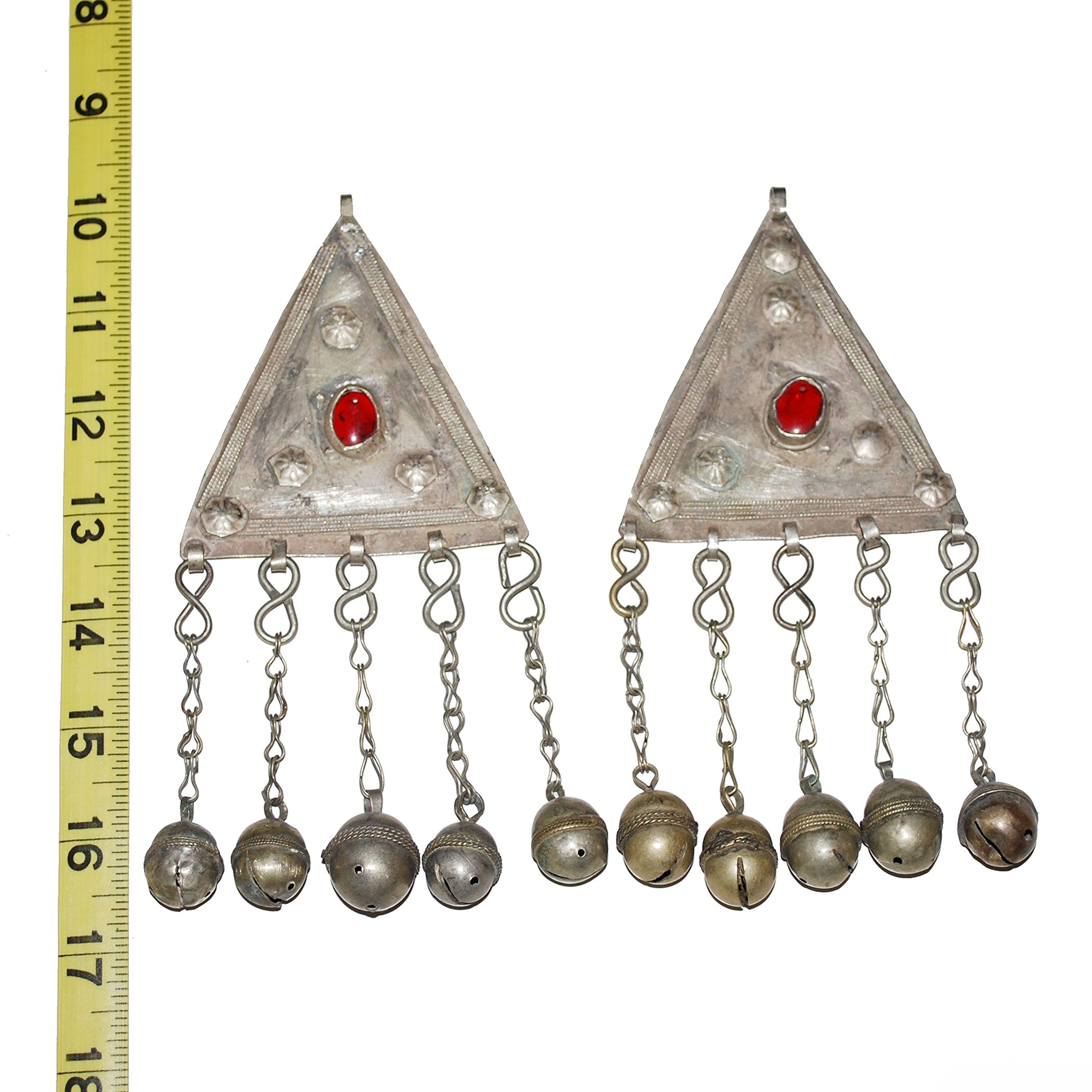 Vintage Turkoman Pendants PAIR - Large Triangles with Jewels / Bells