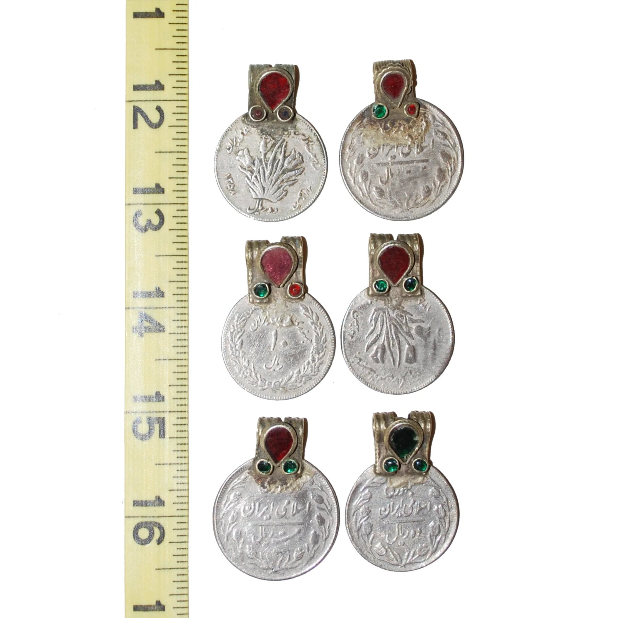 Vintage Kuchi Coins with Jeweled Bales - 6 Embellished Tribal Coins - Belly Dance