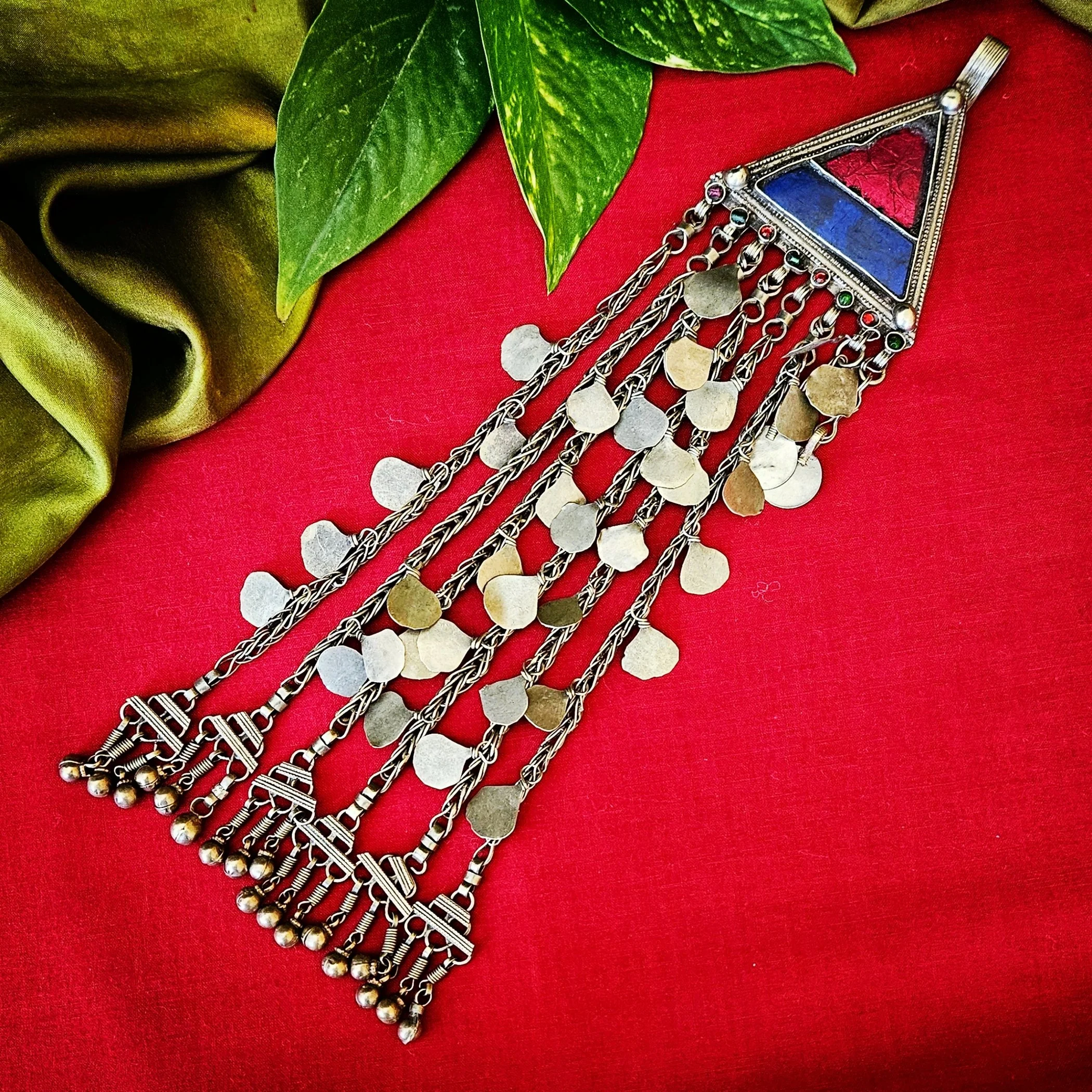 Vintage Kuchi Triangle Pendant - Large Glass Jewels - Tribal Belly Dance Pendant