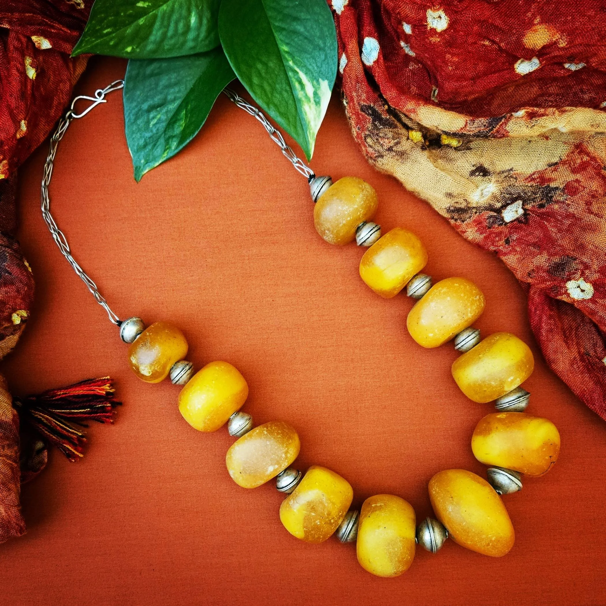 Moroccan Necklace - Berber Copal and Metal Beads Necklace - Amazigh