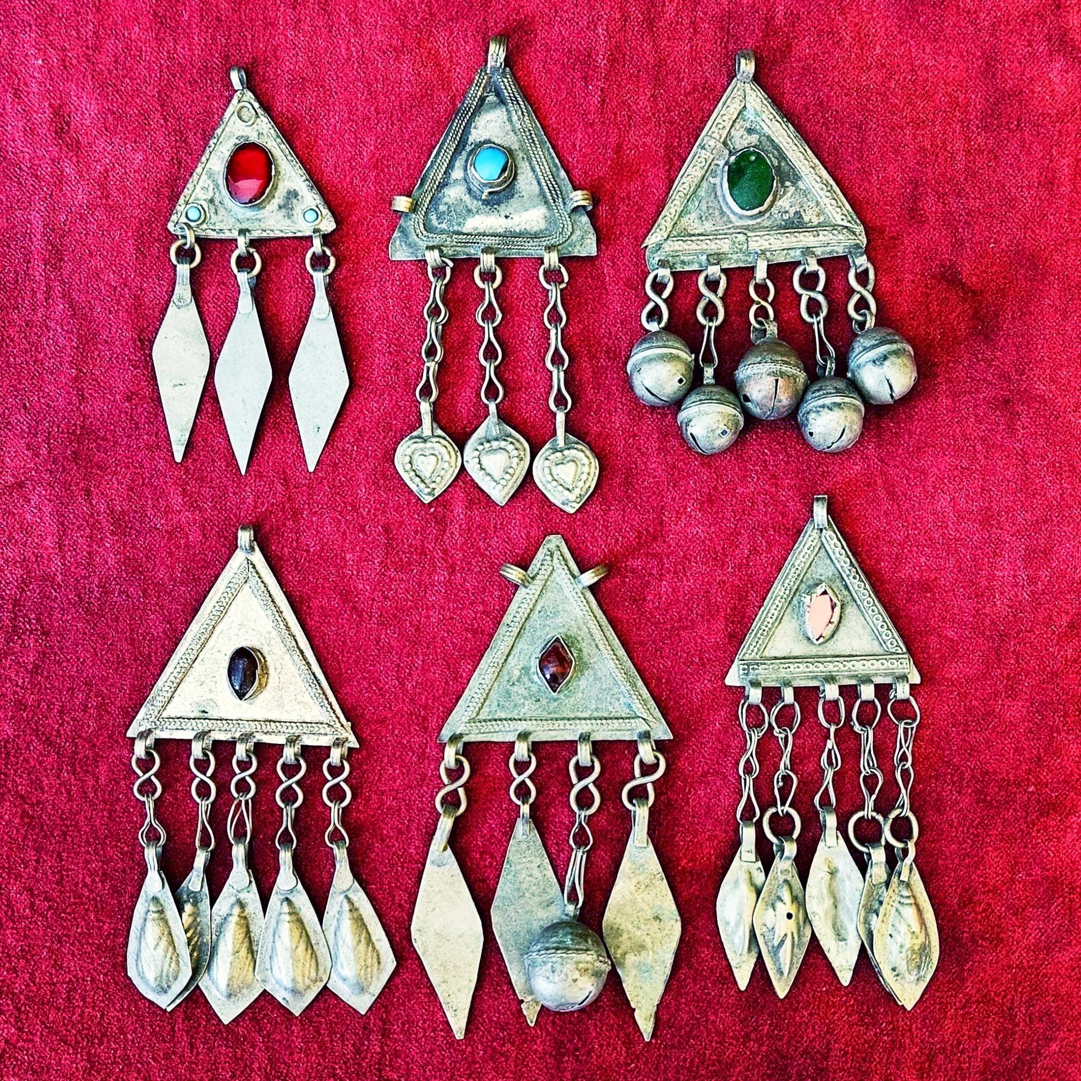Six Turkoman Pendants - Vintage Triangle Pendants with Jewels - Turkman Variety
