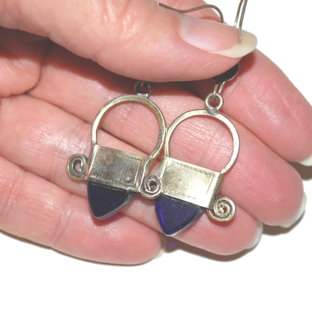 Tuareg Earrings - New Ingall Cross - BLUE Glass Insets - Moroccan