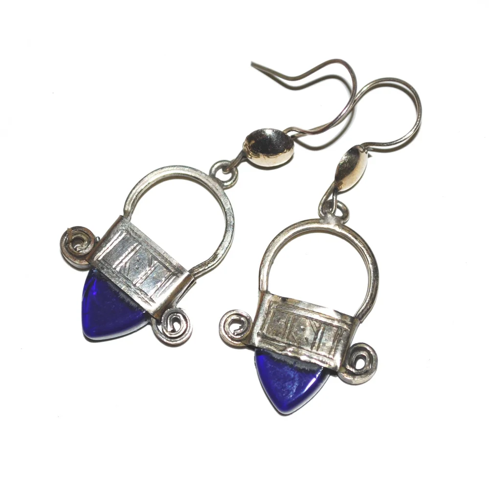 Tuareg Earrings - New Ingall Cross - BLUE Glass Insets - Moroccan