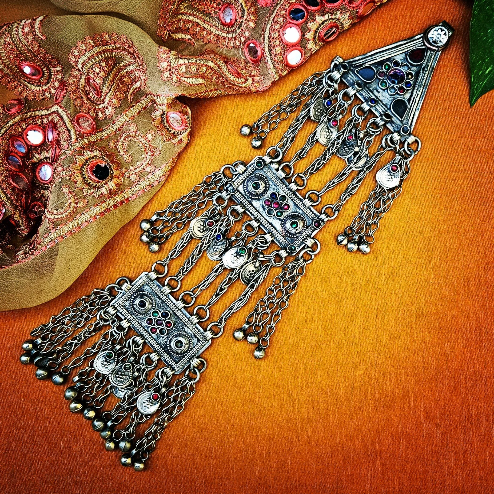 Vintage Afghan Pendant - Kuchi Pendant with Jewels Dangles - Belly Dance Jingle Pendant