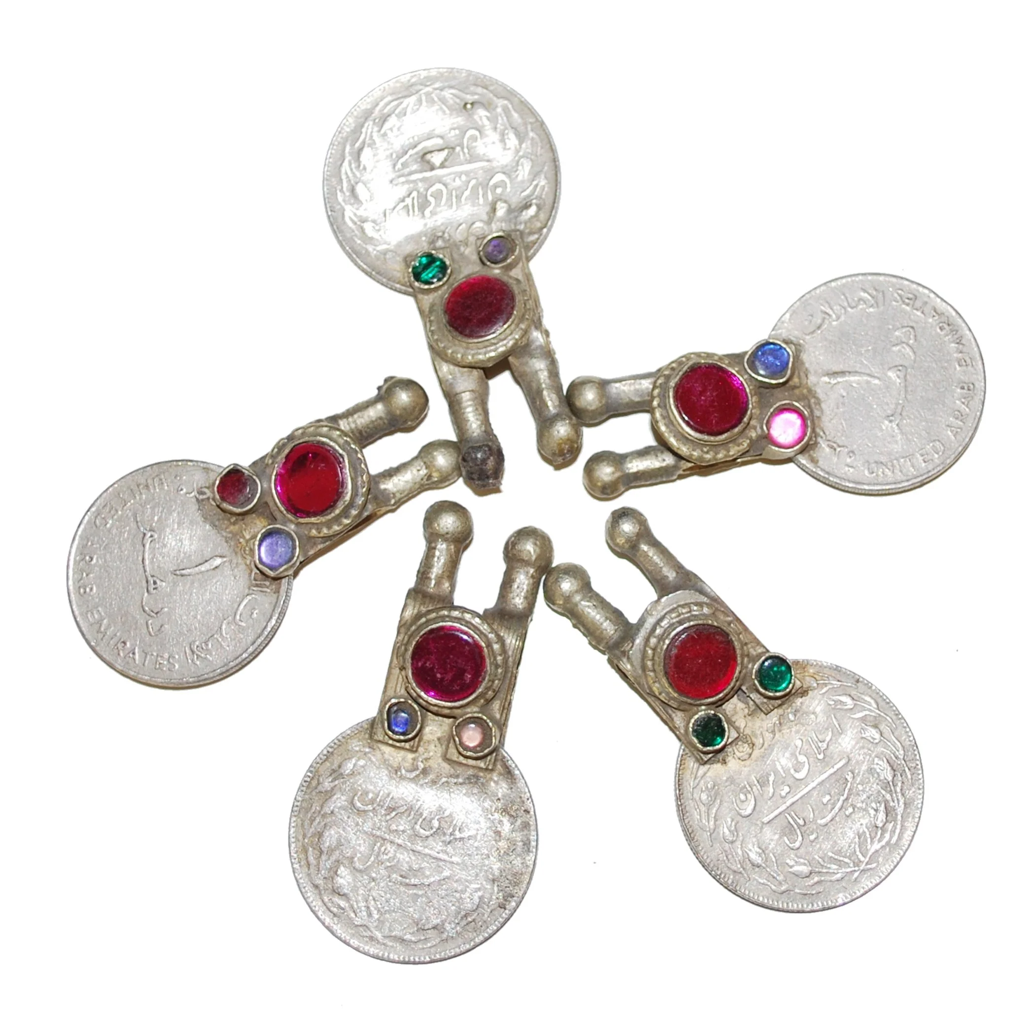 Vintage Kuchi Coins with Tall Bales - 5 Embellished Coins - Belly Dance DIY