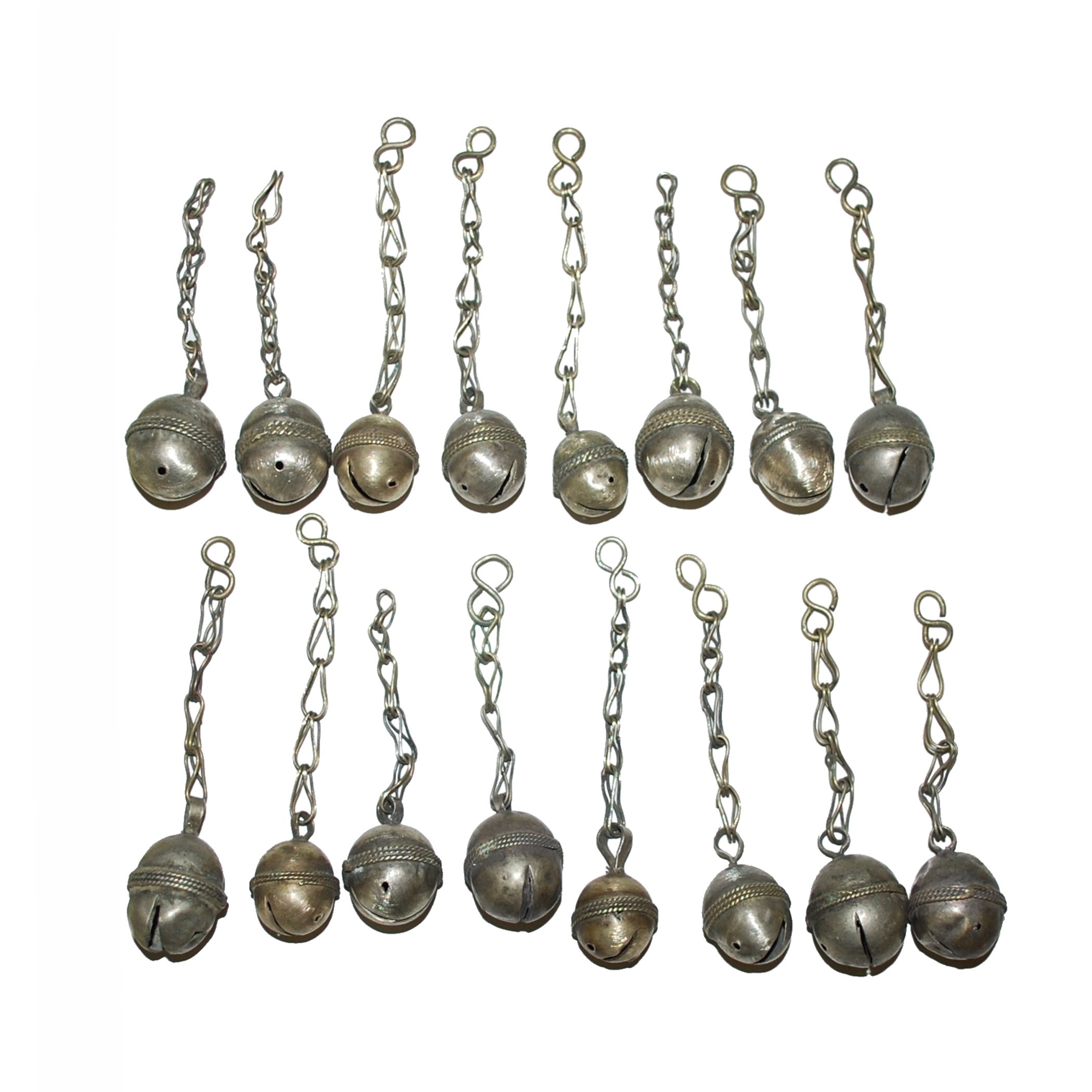 Sixteen Vintage Tribal Bells on Chain - Turkoman Bells - Turkmen Bells for Belly Dance DIY