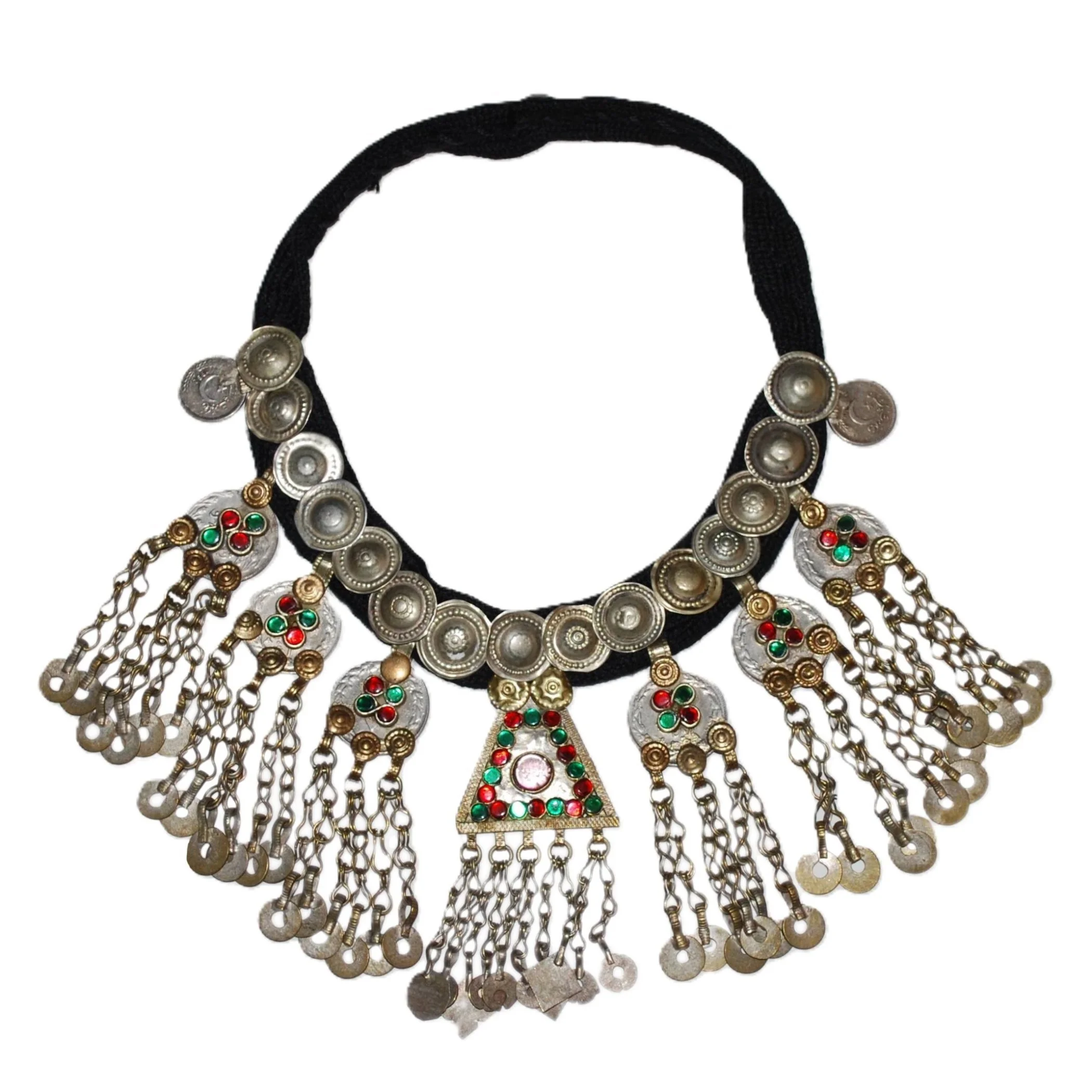Kuchi Coin and Jingle Pendants Necklace - Tribal Coins Buttons Jewels on Black Cord