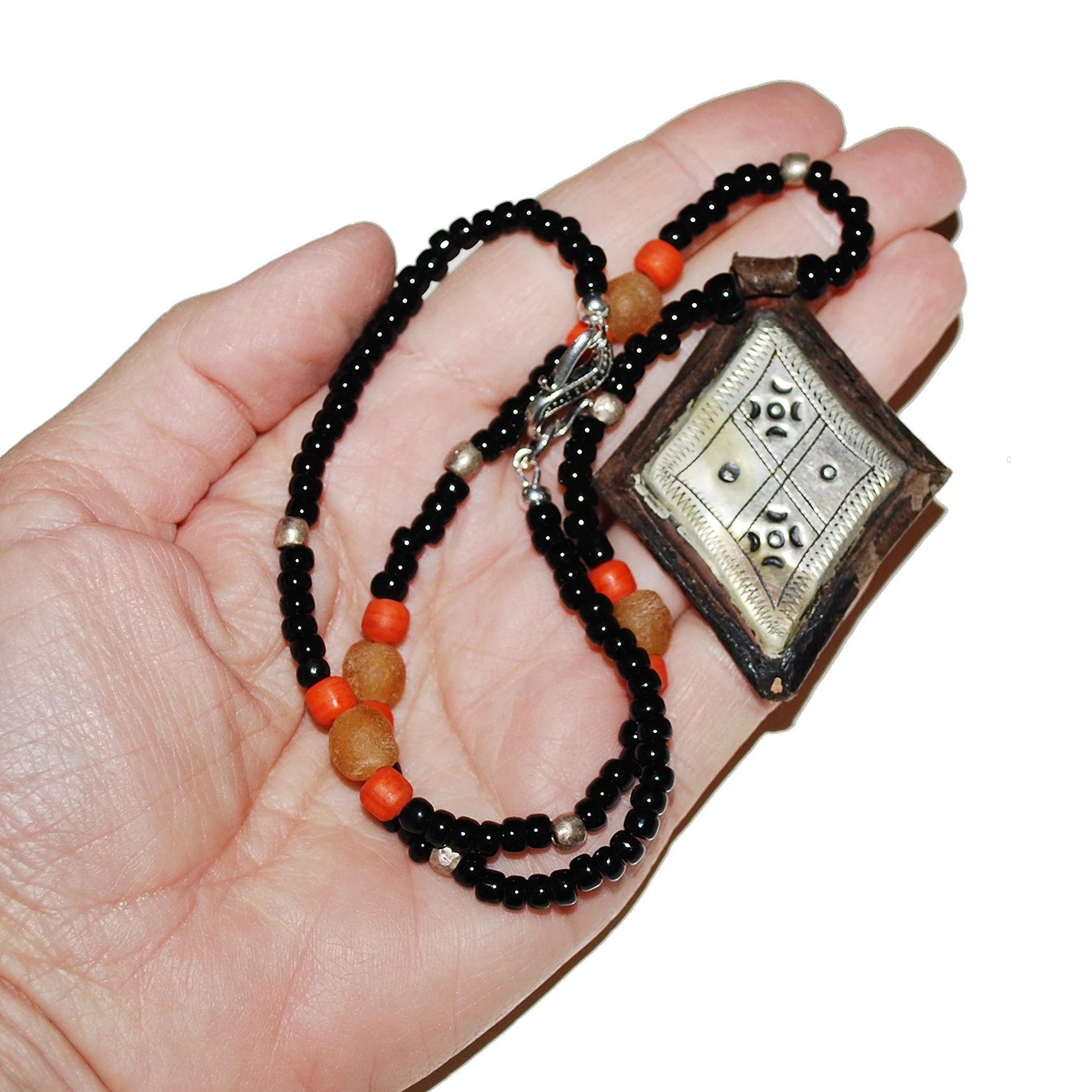 Vintage Tuareg Pendant on Beaded Necklace - Moroccan Pendant - Red Camel Designs