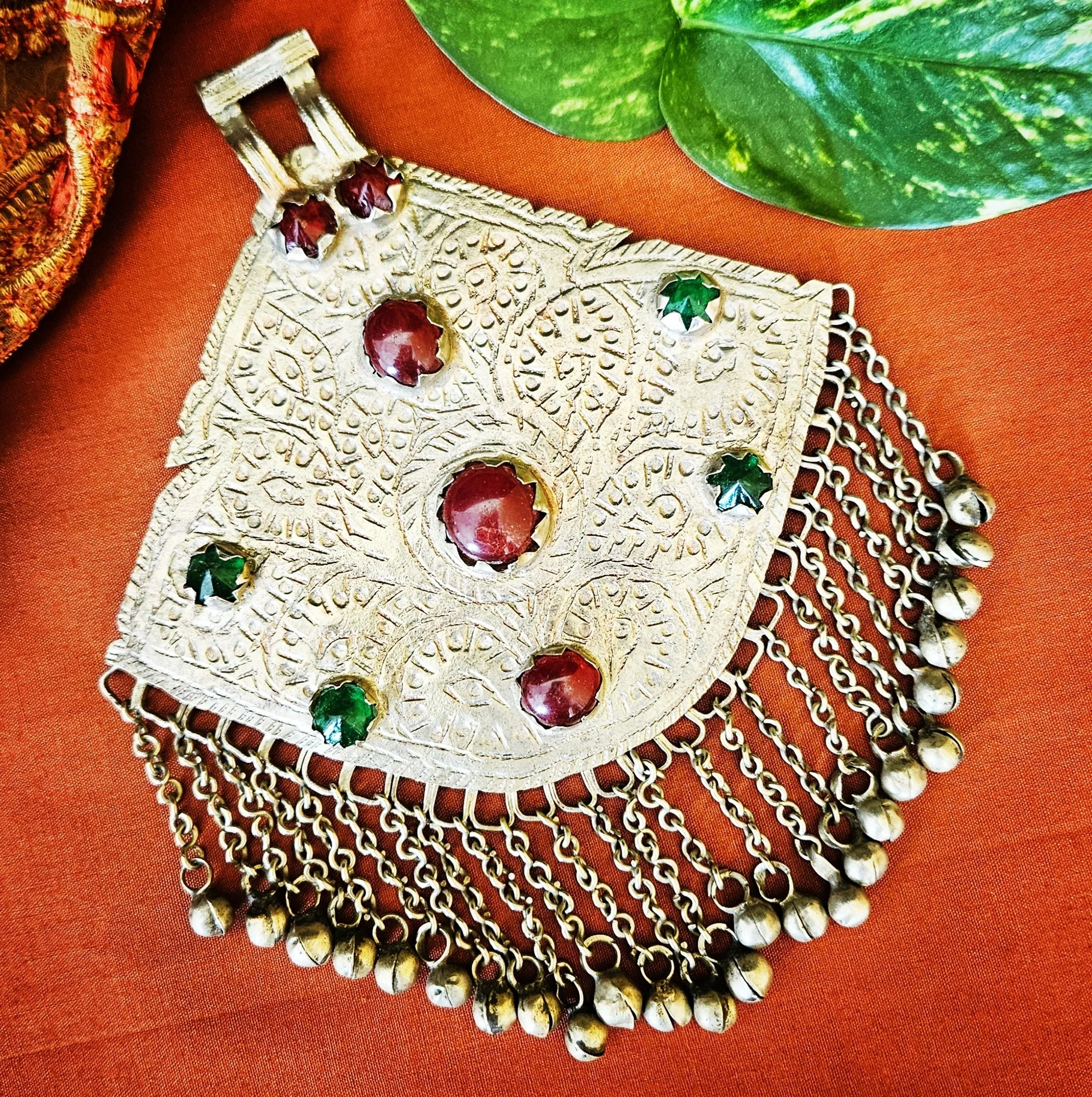 Large Vintage Kashmiri Pendant - Jeweled Pendant for Tribal Belly Dance